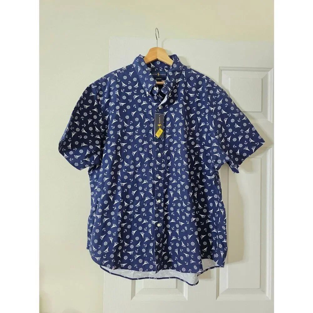 Ralph Lauren sail boat print classic fit short sleeve button up shirt size XXL N